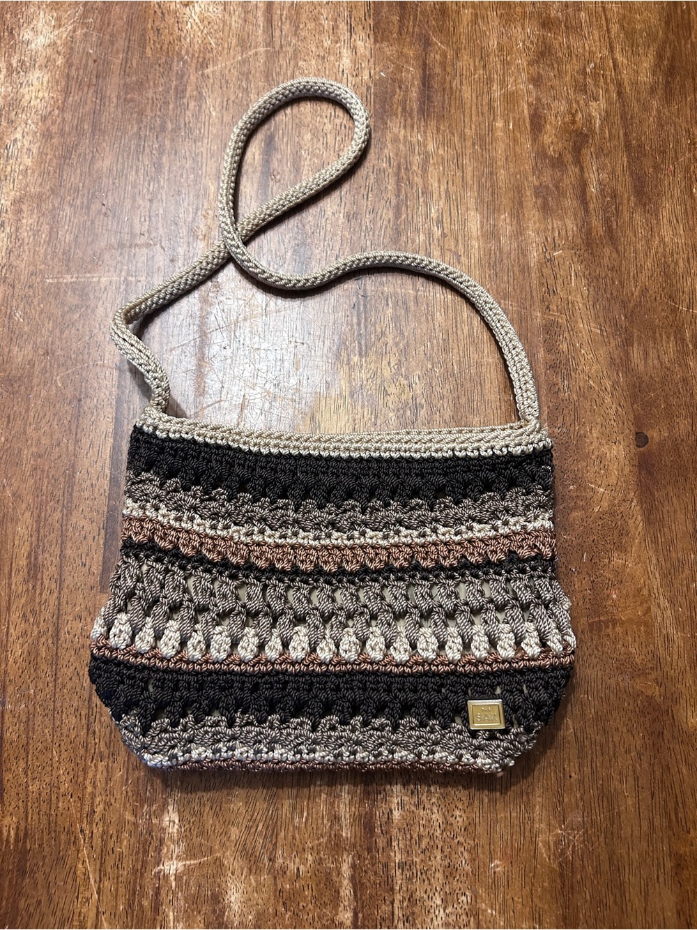 The Sak Crocheted Striped Mini Bag - Brown, Black & Tan Boho Grannycore Style